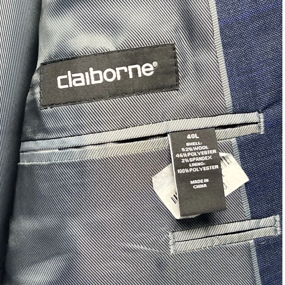 Claiborne Navy Blue Wool Blend Suit Jacket Blazer Sports Coat Two Button Men 40L